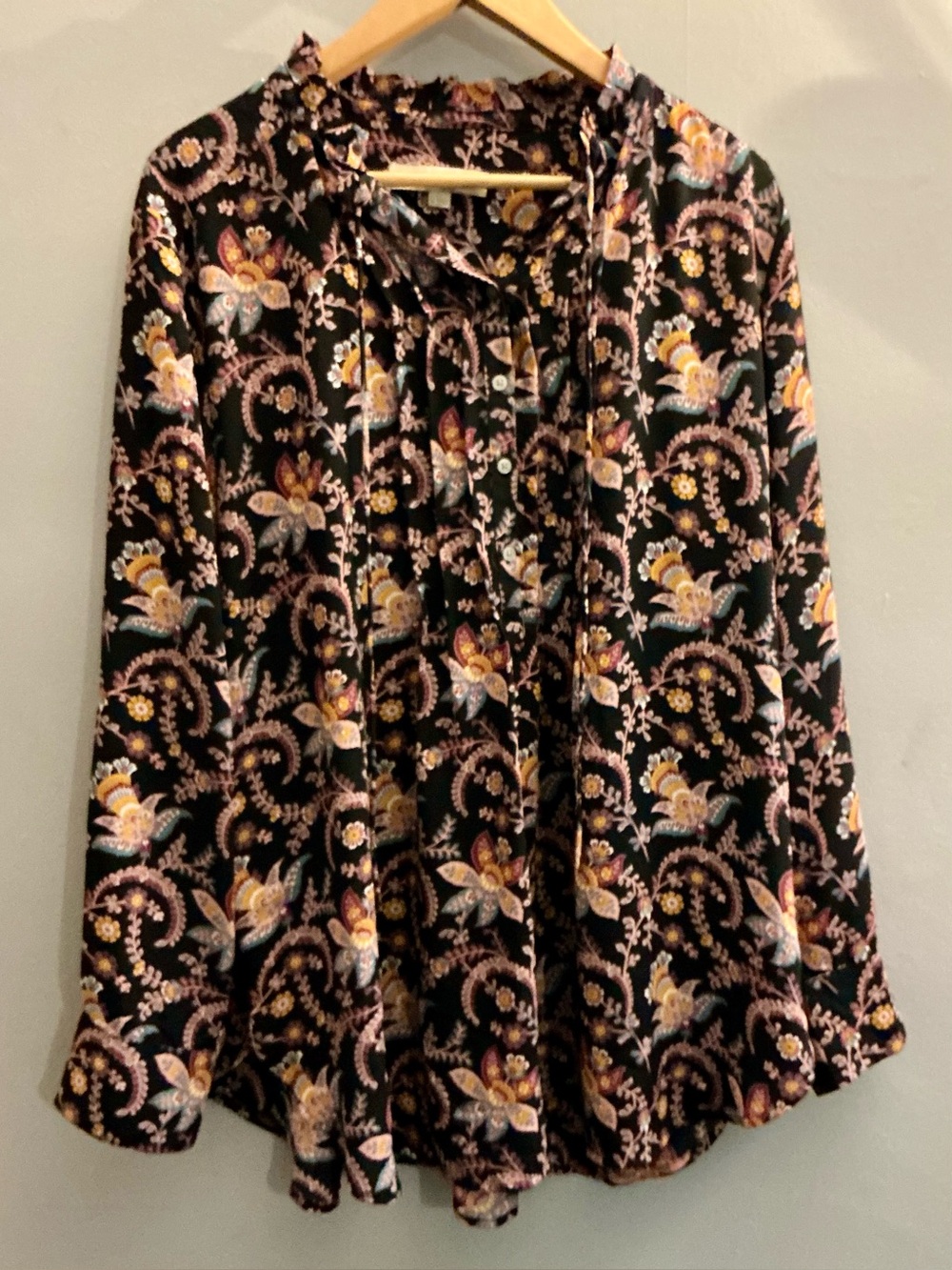 LOFT XL Floral Paisley Tie Neck Blouse Long Sleeve